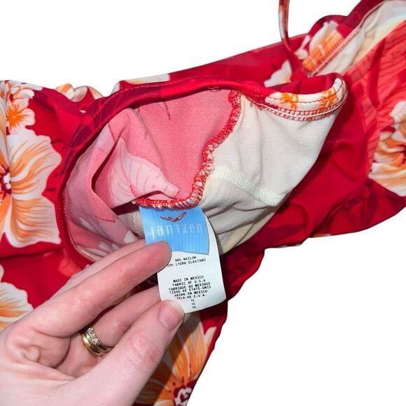VINTAGE JANTZEN Halter Removable Strap Red Floral One Piece Bathing Suit Size 16 - Picture 8 of 8
